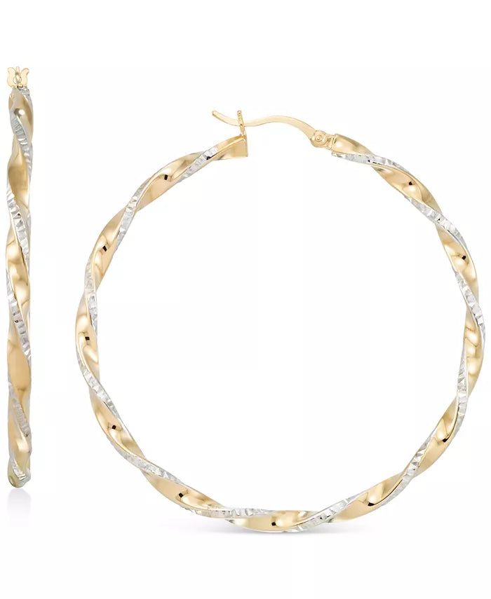 Two-Tone Twisted Hoop Earrings (45Mm) in 14K Yellow and White Gold- Plated Sterling Silver (Also in Sterling Silver)