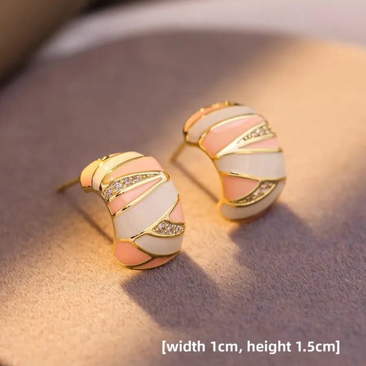 Golden Enamel Mosaic Patterned Hoop Earrings